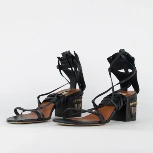 VALENTINO Black Leather Tribal Lace Up Sandals sz 37 / 7 - Picture 4 of 12